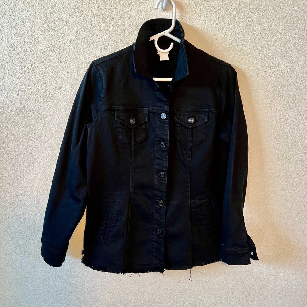 Chico’s Black Denim Jacket Fringed Hem